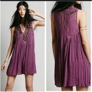 Free People purple gauze crinkle beaded sequin purple lace back romper XS rare